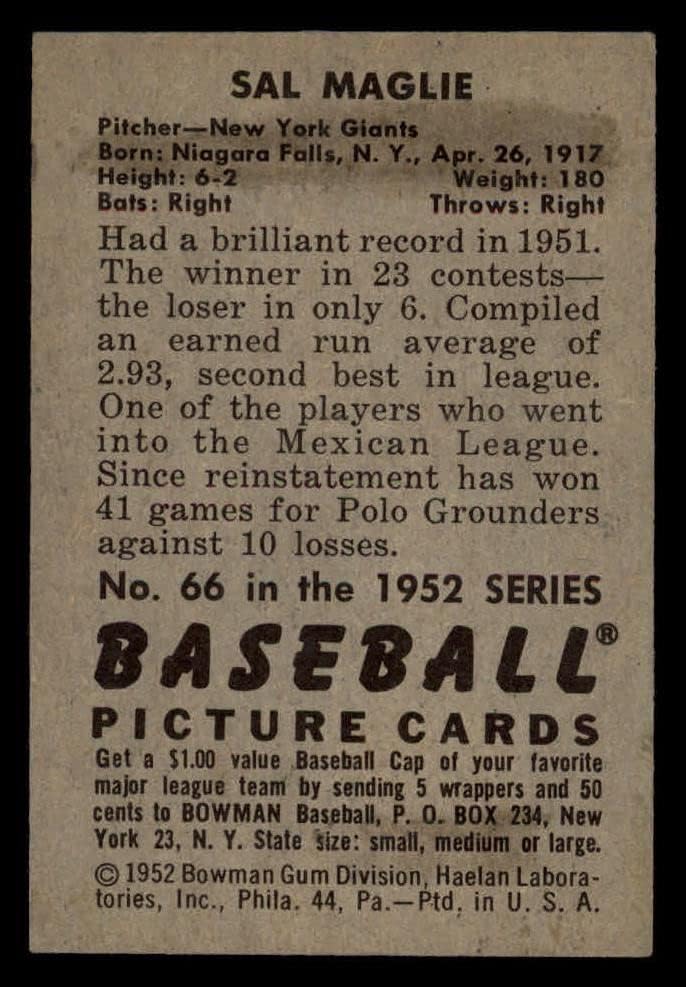 1952 Okçu 66 Sal Maglie New York Devleri (Beyzbol Kartı) ESKİ Devler