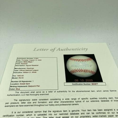 Willie Mays, JSA COA İmzalı Beyzbol Toplarıyla İmzalı Resmi Ulusal Beyzbol Ligi İmzaladı