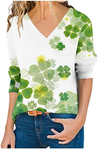 Kadın Aziz patrick Günü 3/4 Uzun Kollu T Shirt Seksi V Yaka Kazak Tops Moda İrlandalı Yonca Baskı Tunik Bluzlar Üst
