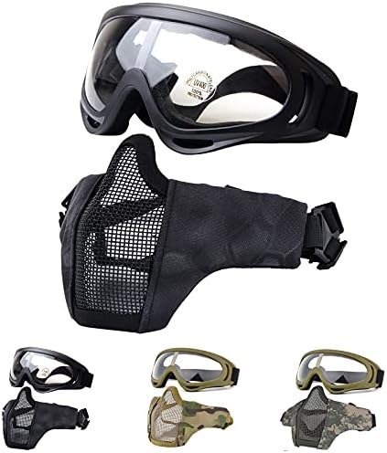 Fansport Airsoft Maskesi Taktik Gözlük Seti, Alt Yarım Yüz Örgü Maskeleri Katlanabilir Çelik hasır maske Avcılık, Atıcılık,