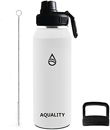 AQUALİTY yeniden kullanılabilir su şişesi, yalıtımlı çift cidarlı paslanmaz çelik, BPA içermeyen kapaklar (32 oz, İnci beyazı)