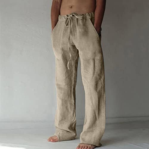 VALSEEL erkek Pamuk Keten Pantolon İpli Elastik Bel Karışımlı Nefes Rahat Yumuşak Plaj Rahat Düz Renk Pantolon