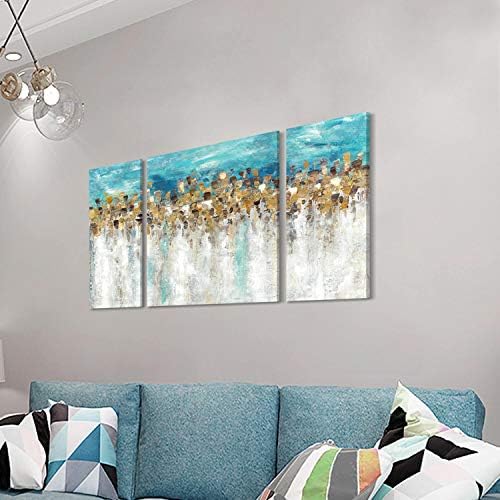 Altın Folyo Tuval Duvar Sanatı: Soyut ve modern tablo Mavi ve Gri Sanat Oturma Odası için (12x 24x 2 Paneller+24x 24 x 1
