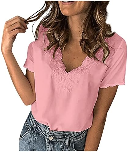 Kadın T Shirt Moda Rahat Katı Nakış V Yaka kısa kollu tişört Bluz Temel Tees Tops