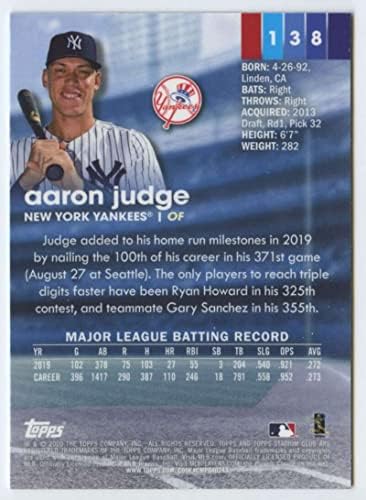 2020 Topps Stadyum Kulübü 138 Aaron Yargıç NM-MT New York Yankees Beyzbol