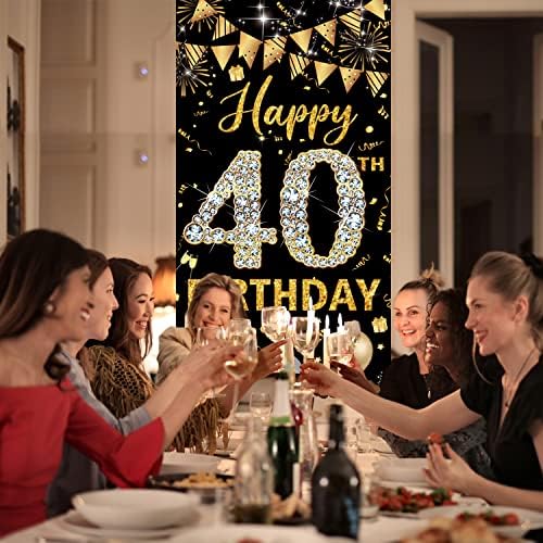 40. Doğum Günü Süslemeleri Kapı Afişi, Siyah Altın Mutlu 40. Doğum Günü Süslemeleri Kadın Erkek, 40 Yaşındaki Doğum Günü