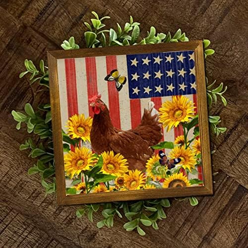 SİLYHEART Çiftlik Horoz Ayçiçeği Çiçek Çerçeveli Ahşap Işaretleri Amerikan Bayrağı Kelebek Kapı Işareti Klasik Çiftlik Hayvanları