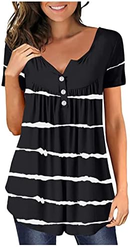 lcepcy kadın 2023 Yaz Henley Gömlek Pilili Çizgili Düğme Tunik Üstleri Rahat Kısa Kollu Bluz T-Shirt