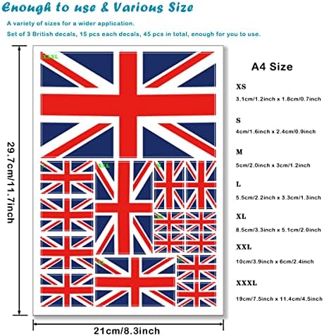 QQSD Birleşik Krallık İNGILTERE İngiliz Bayrağı Sticker Union Jack Çıkartması Çoklu Boyutlarda (3 Paket, 11.7x8.3 İnç)