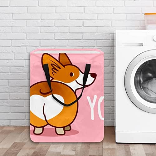 Sevimli Corgi Köpek Seni Seviyorum Pembe Baskı Katlanabilir çamaşır sepeti, 60L Su Geçirmez çamaşır sepetleri Çamaşır Kutusu