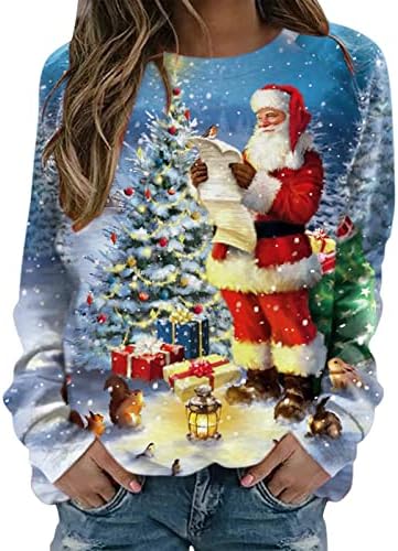 Sevimli Sonbahar Üstleri Kadın O-Boyun Merry Christmas Tops Retro Rahat Bayan Tunik Bluzlar Tayt