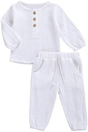 Karuedoo Toddler Erkek Bebek Kız Pamuk Keten pantolon seti Katı Uzun Kollu Tişört Üst İpli Elastik Bel Pantolon Kıyafet