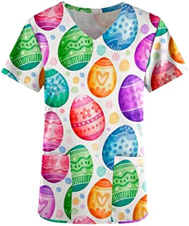 Kadın V Boyun Grafik Fırçalayın Mutlu Hediye Paskalya Düz Üst T Shirt Kızlar için Yaz Sonbahar Cepler ile W9 W9