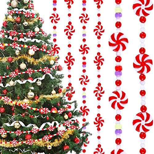 16.4 Feet Noel Plastik Boncuk Çelenk Kırmızı Beyaz Nane Şekeri Asılı Çelenk Nane Şekeri ile Dekoratif Boncuklu Çelenk Noel