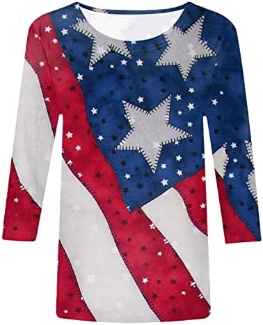 4th Temmuz Gömlek Kadınlar için ABD Bayrağı Yaz 3/4 Kollu Crewneck T - Shirt Dörtte Üçü Kollu Tatil Rahat Bluz Üst