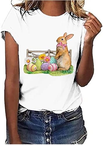 Beyaz Gömlek Kadınlar için Rahat Yaz Mutlu Tavşan Grafik Tshirt Paskalya Tatili Tunik Gömlek Kısa Kollu Crewneck Bluz